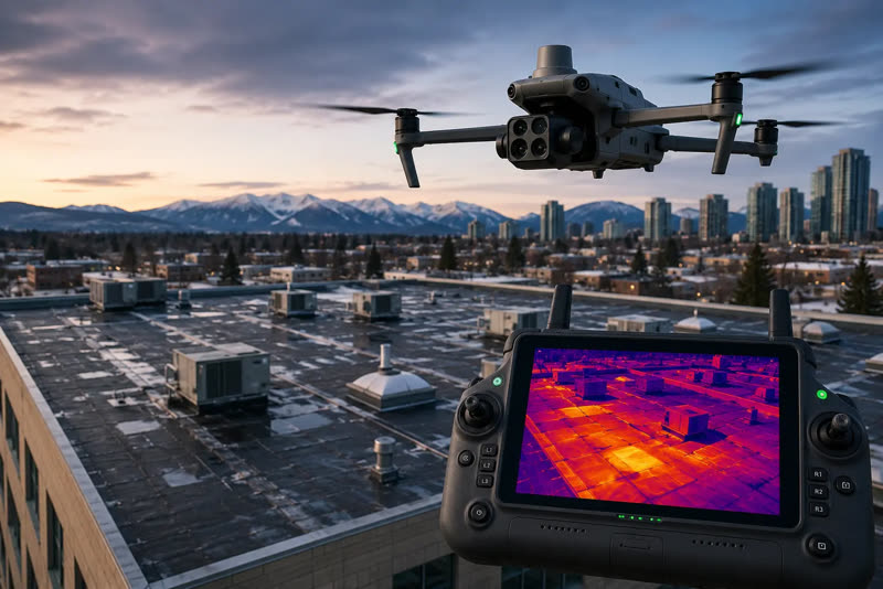 Drone termográfico e controle exibindo imagem térmica de telhado