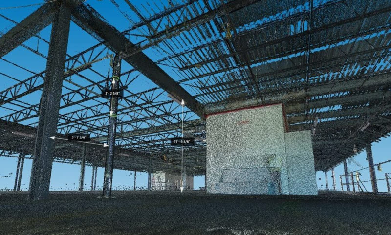 Modelo de nuvem de pontos 3D de estrutura metálica com medições
